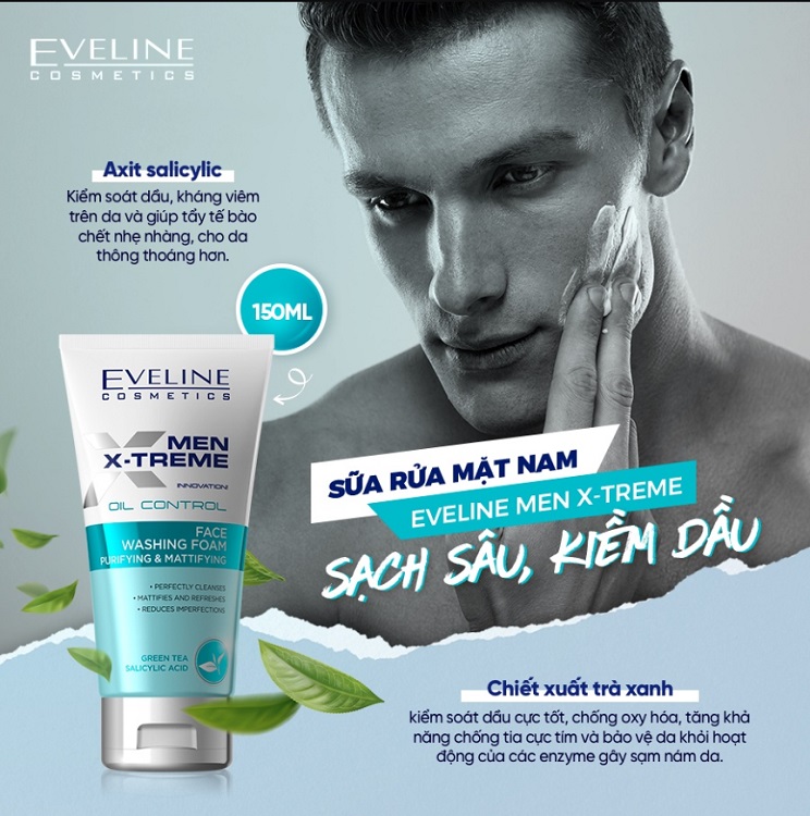 [ Tặng tẩy da chết sáng da ] Sữa rửa mặt nam Eveline Men X-treme sạch sâu, kiềm dầu 150ML