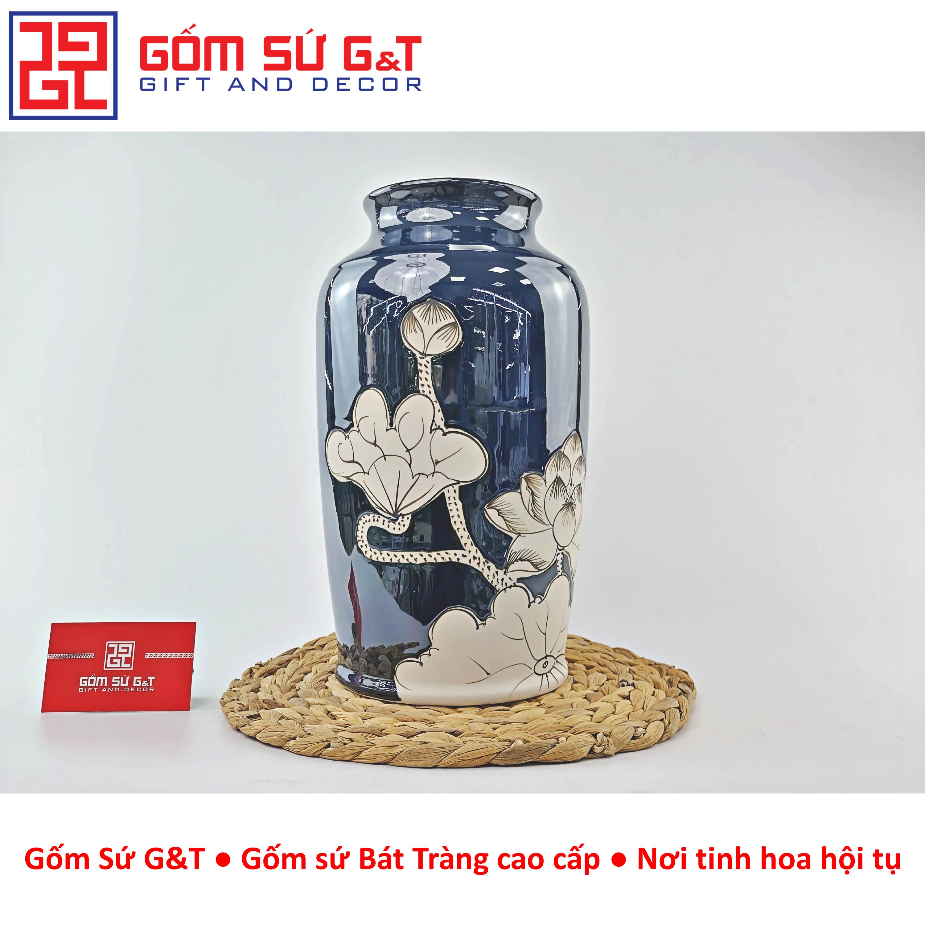 Lọ hoa men hỏa biến dáng thạp vẽ sen Gốm Sứ G&amp;T