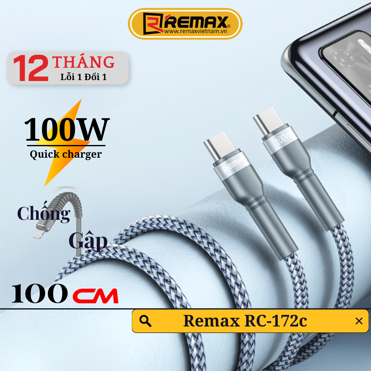 Cáp sạc nhanh Type C to Type C 100W Remax RC-172c Type C 100W cho Laptop , Tab Samsung S22 S21 Ultra Xiaomi Mi 12 - Hàng Chính Hãng Remax