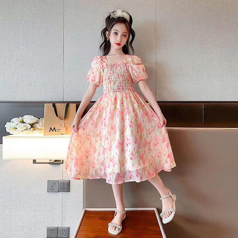 SHUANGYAN Cô gái váy mùa hè phong cách phương Tây 2023 Big Boy mùa hè váy chiffon mùa hè cô gái mảnh hoa mối tình đầu váy