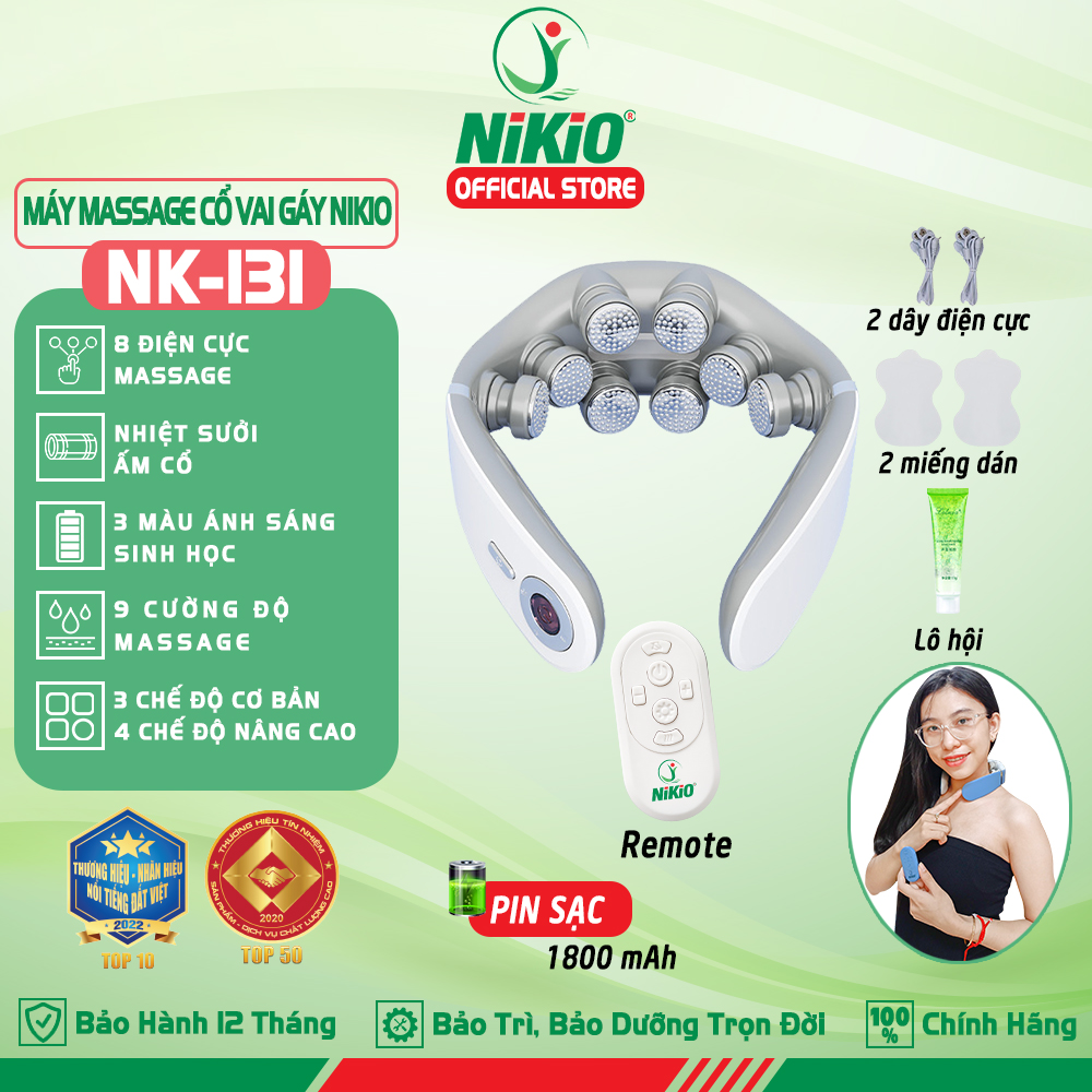 Máy massage cổ xung điện Nikio NK-131 - 8 điện cực, 2 miếng dán, HDSD bằng giọng nói