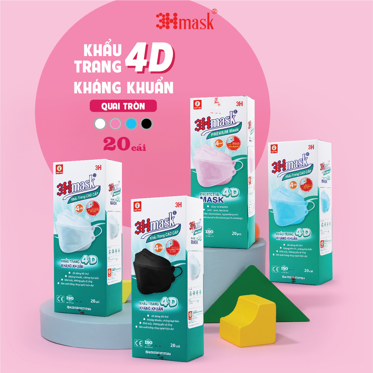 Khẩu Trang 3Hmask 4D Quai Tròn Trắng (20 cái) - Kháng Khuẩn Cao Cấp ôm khít mặt, không lem son