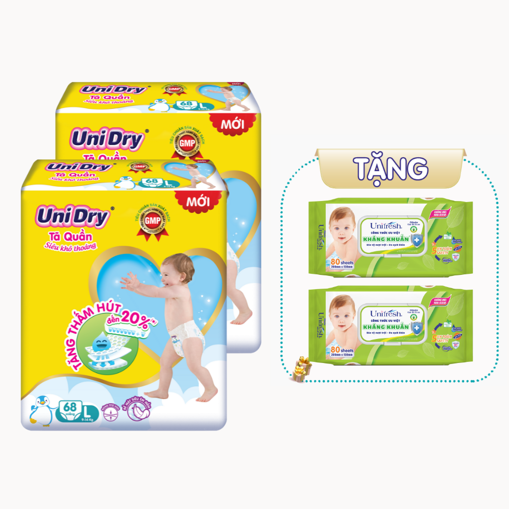 Combo 2 tã quần em bé siêu khô thoáng UniDry - Tặng 2 gói khăn ướt Unifresh Aloevera 80M