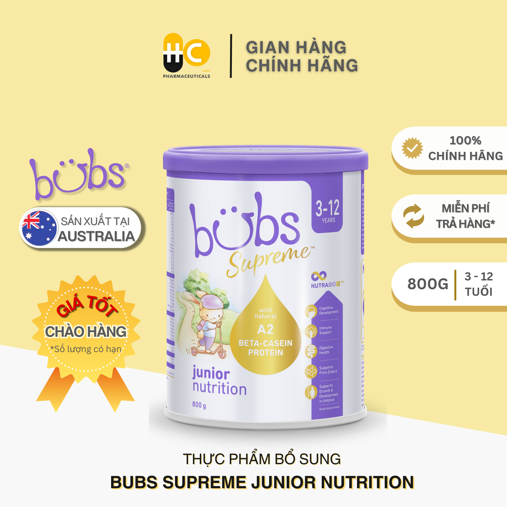 Thực phẩm bổ sung Bubs Supreme Junior Nutrition dành cho bé từ 3 - 12 tuổi [Date 12.2024]