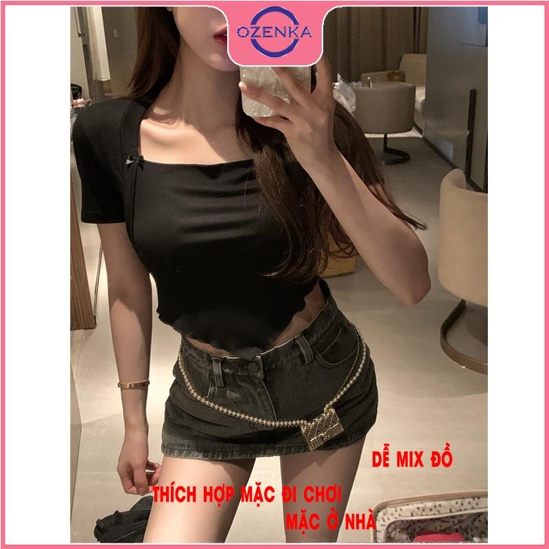 Áo croptop cổ vuông vạt yếm , crt tay ngắn ôm đẹp thun gân 100% cotton free size dưới 52 kg màu đen trắng