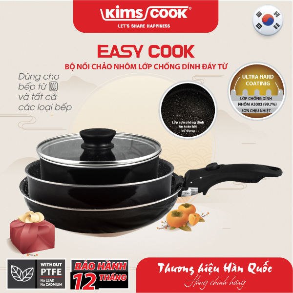 Bộ nồi chảo Easycook đáy từ, chống dính, tay cầm đa năng Kims Cook