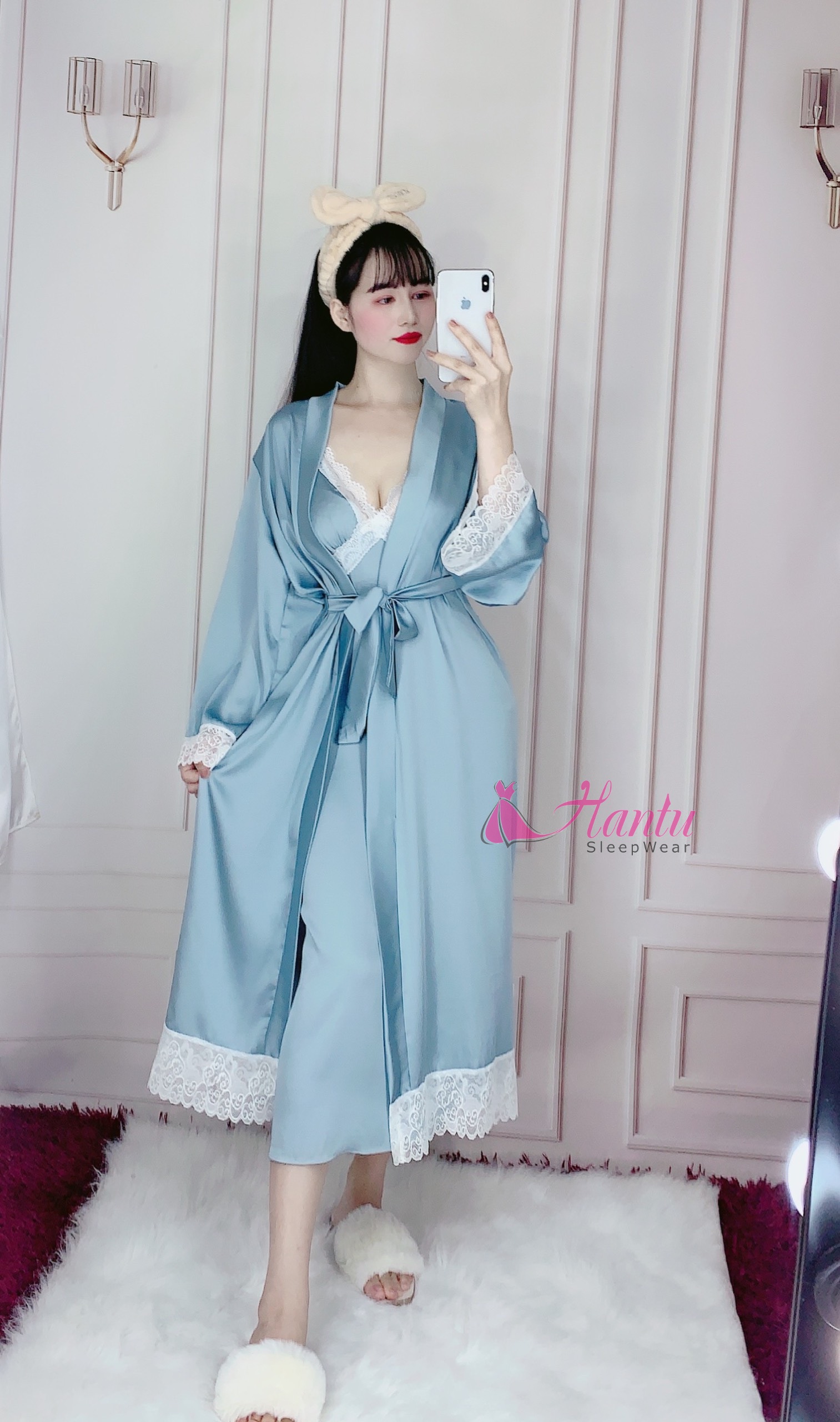 Hantu Sleepwear -Set áo choàng dài kèm váy ngủ lụa cao cấp dài quá gối mặc nhà sang trọng