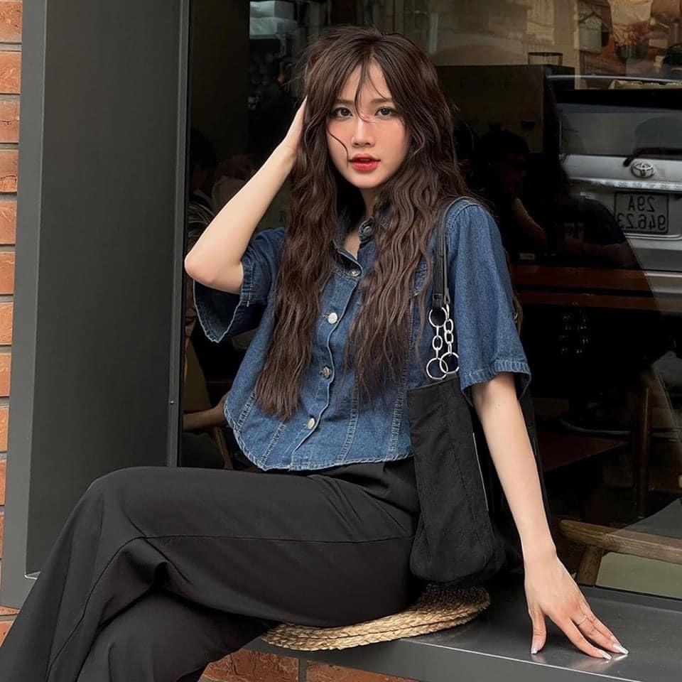 Sơ mi denim mềm croptop basic thời trang NIEVE