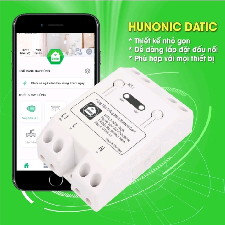 Công Tắc Thông Minh Wifi Hunonic Datic 1 Kênh 500W/220V Điều Khiển Thiết Bị Từ Xa Qua Điện Thoại, Hẹn Giờ Tự Động.