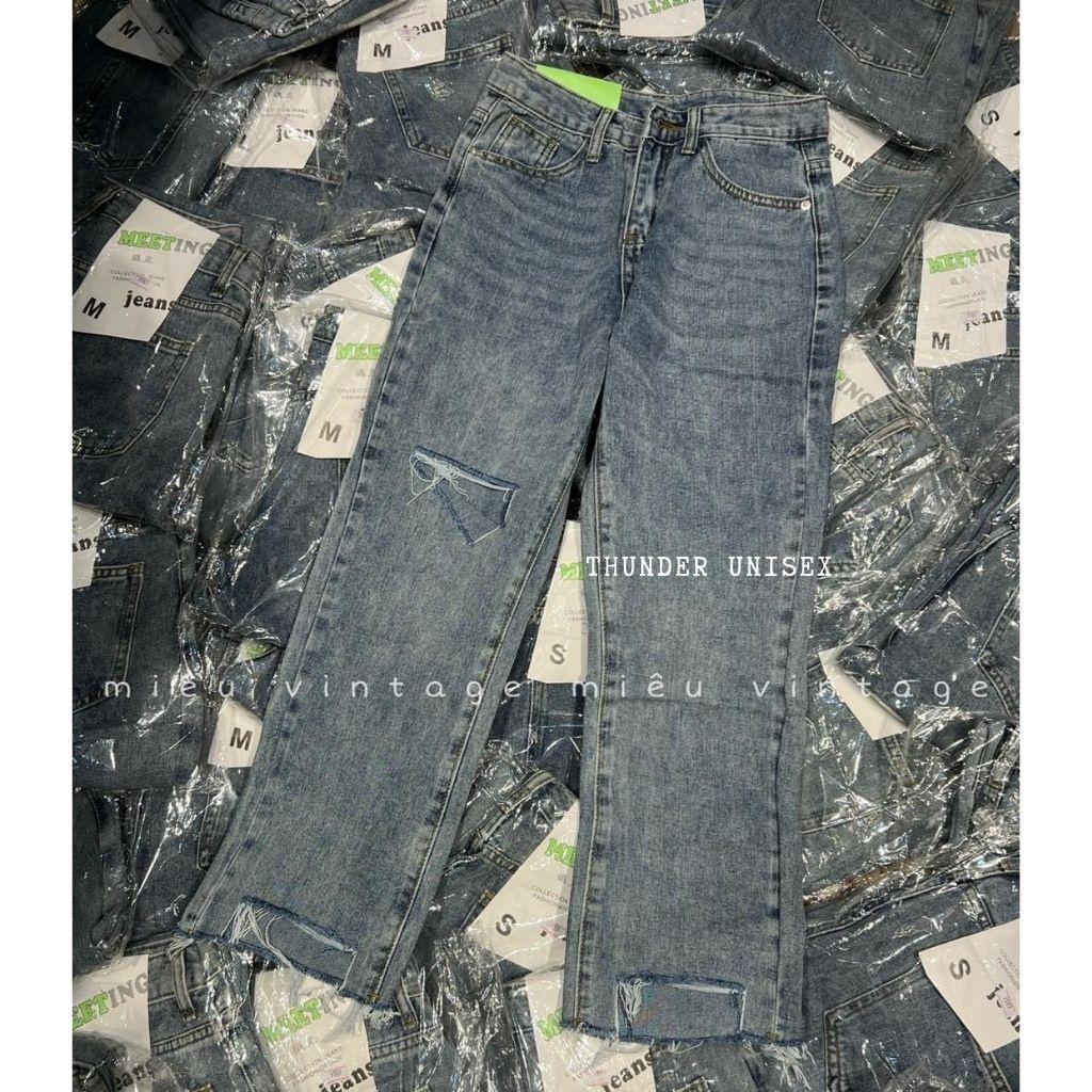 Quần Jean Nữ Ống Đứng Lưng Cao Gấu Rách Cá Tính Quần Ống Đứng Rộng ThunderUnisex Phong Cách Hàn Quốc Ulzzang