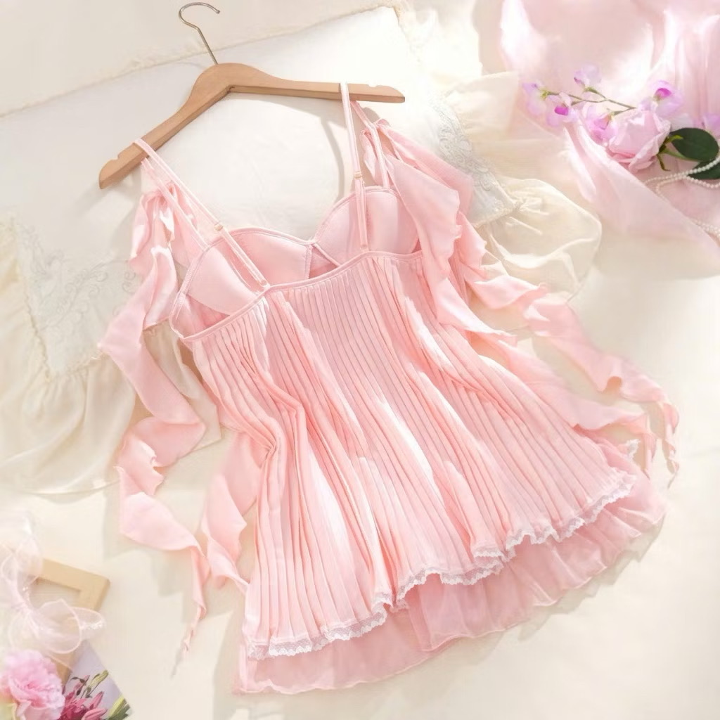 Váy ngủ D377 Lụa Cao Cấp Mẫu Trơn Xếp Ly Bánh Bèo Xinh Xắn