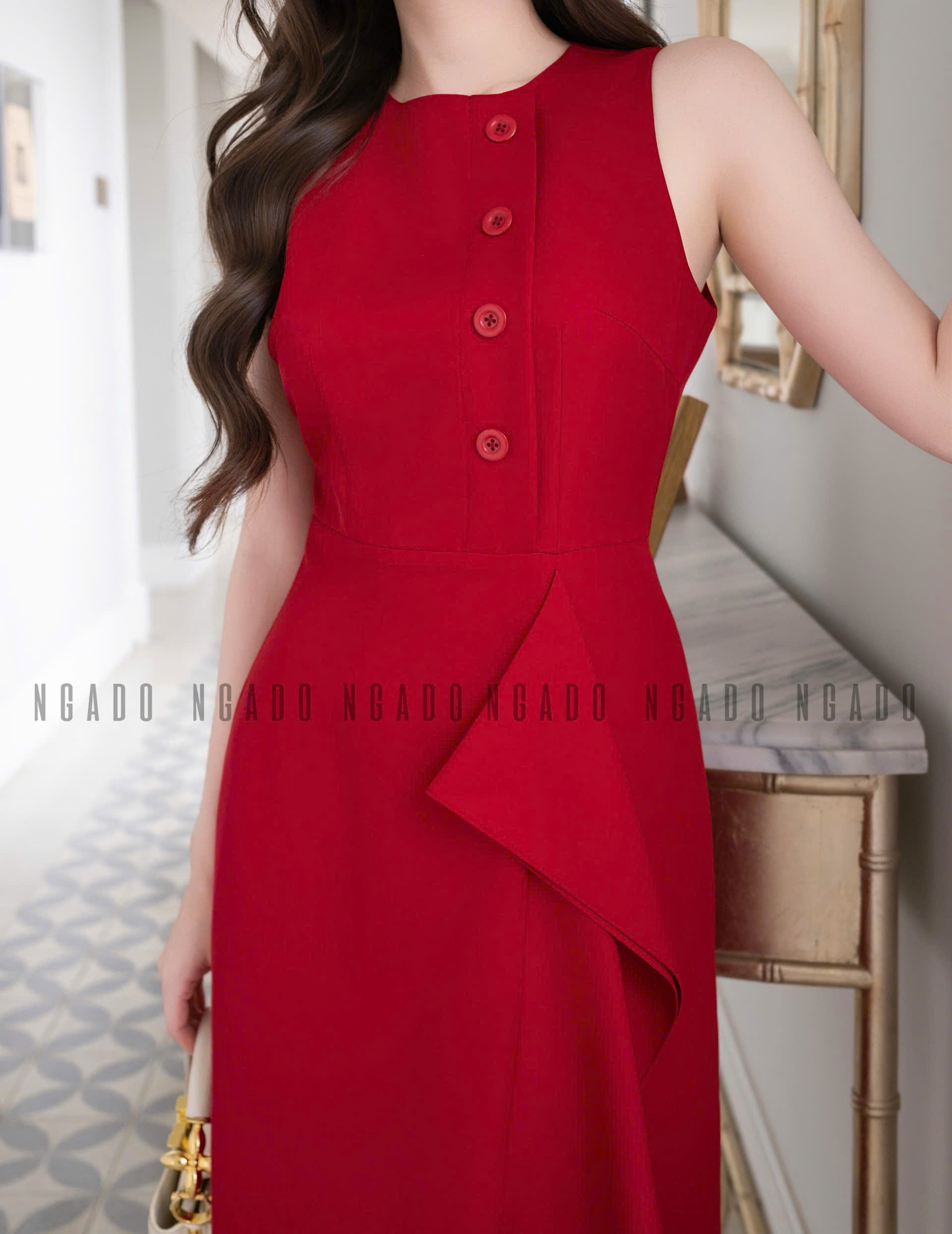 Đầm đỏ phối tà NGADO , đầm dáng midi , đầm dự tiệc , công sở
