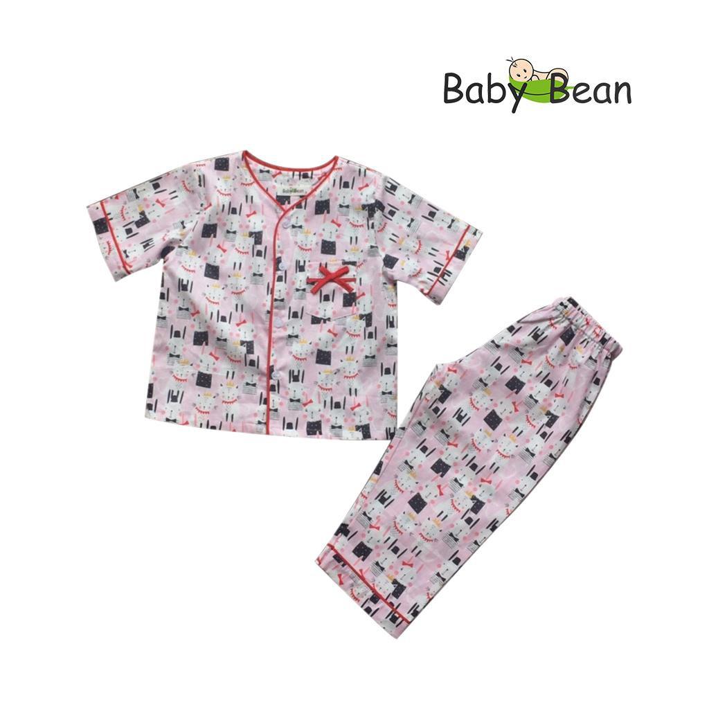 Bộ Đồ Cotton Pyjama cổ Tim hình Thỏ Mèo Bé Gái BabyBean