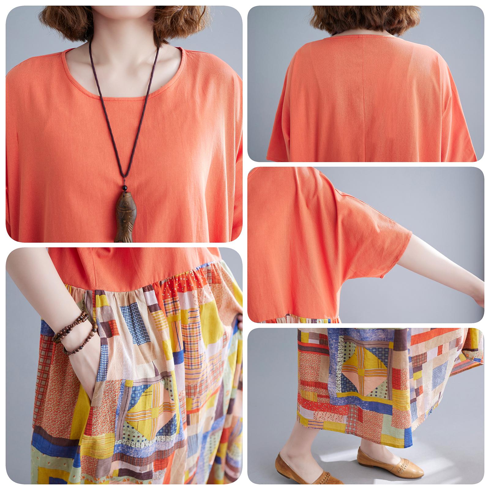 Women Casual Dress Contrast Color Print Pockets Loose O-Neck Short Sleeves Plus Size Summer Dress