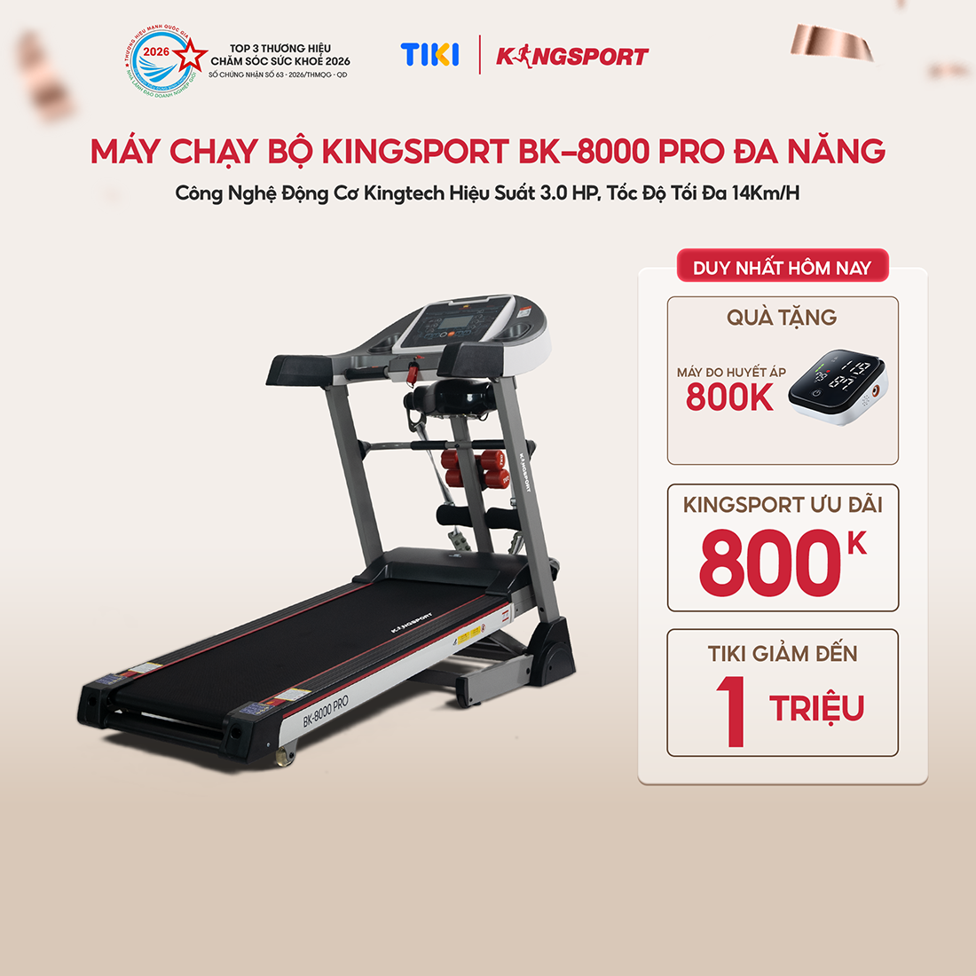 Miễn phí lắp đặt Máy Chạy Bộ Kingsport BK-8000 Pro Đa Năng Nâng Dốc Tự Động 18, 12 Chương Trình Luyện Tập