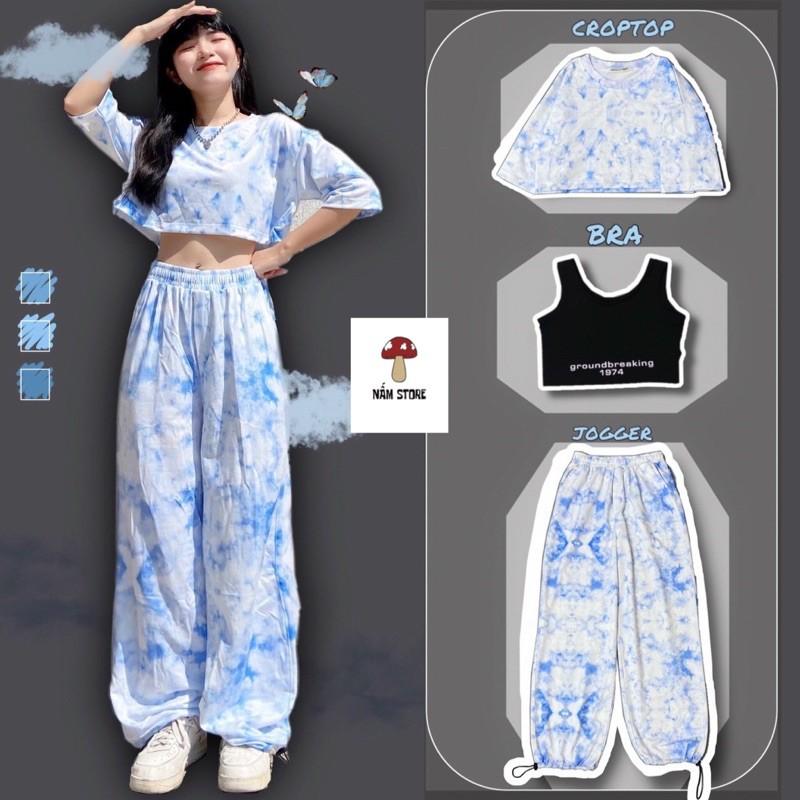 Set áo croptop loang màu + bra đen + quần jogger dài loang màu ống rộng dây rút - Set bộ thể thao 3 món