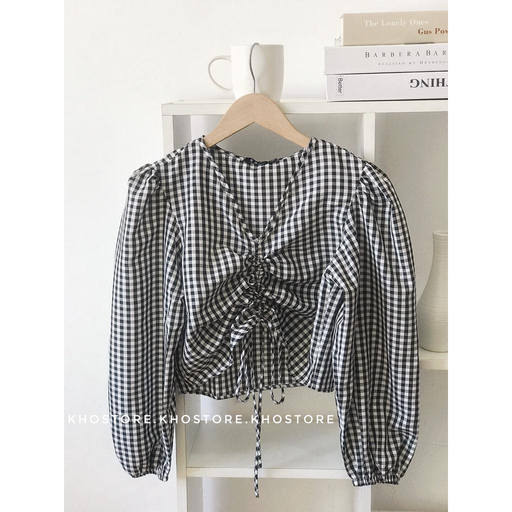Áo croptop tay dài nhún ngực tôn dáng, áo đi biển tay phồng caro 2 màu, áo dây rút kiểu dáng hàn quốc, vải cotton mát