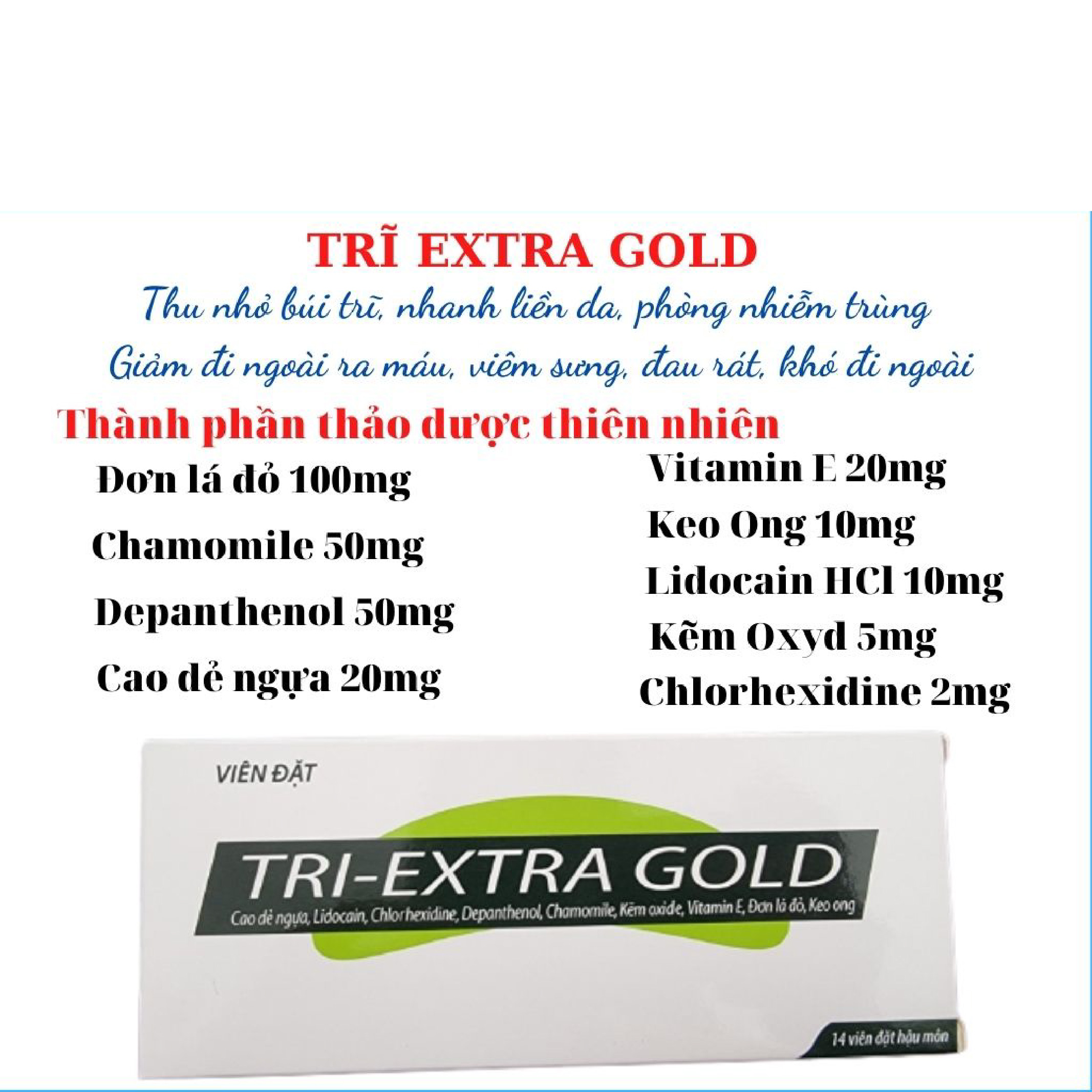 Viên đặt trĩ TRI EXTRAGOLD - Hỗ trợ thu nhỏ búi trĩ, giảm đau rát