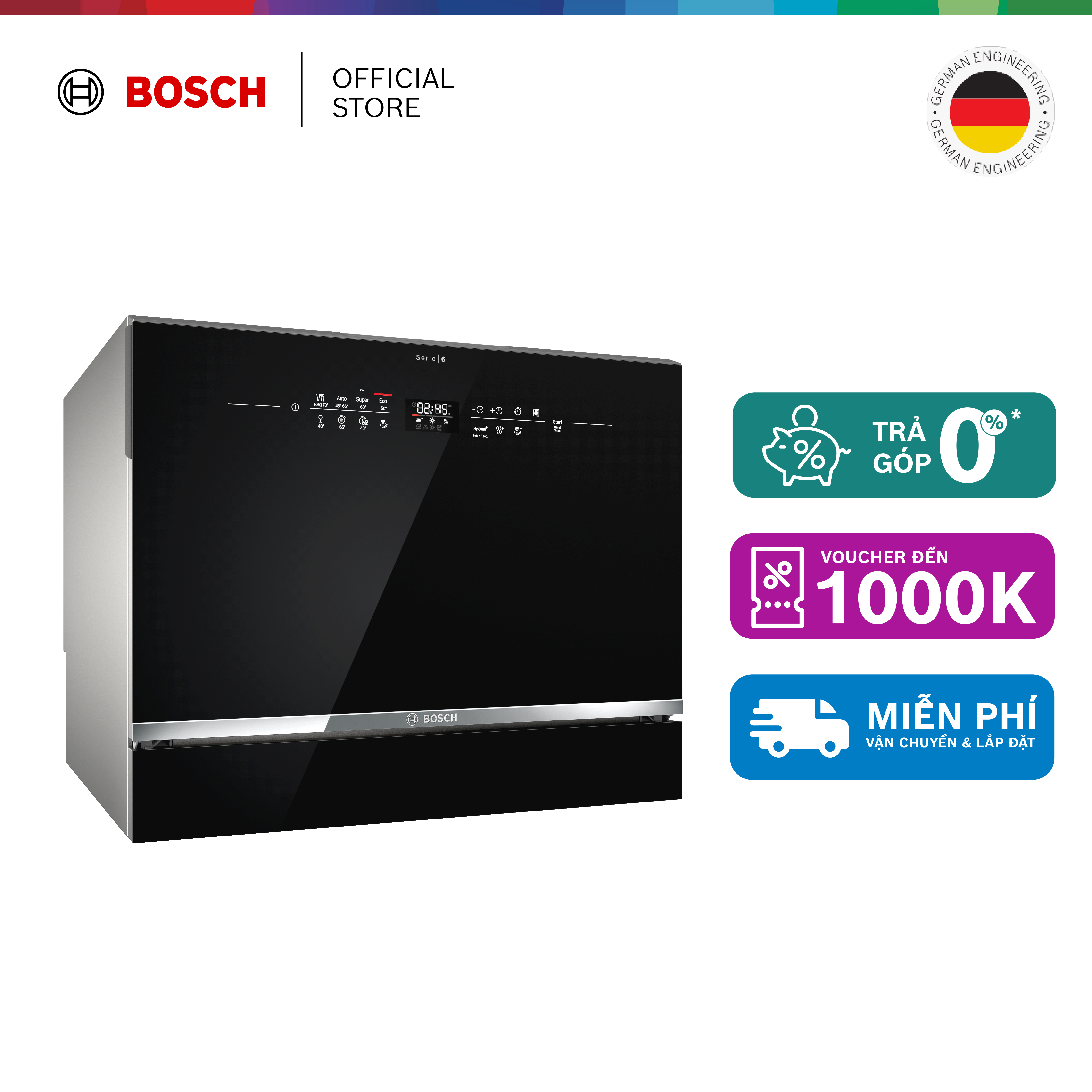 Máy Rửa Chén Bát Để Bàn 6 Bộ Bosch SKS68BB008 - Series 6 (55cm) - Hàng chính hãng