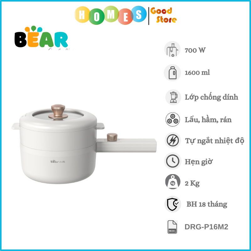 Nồi Điện Đa Năng, Nồi Điện Mini BEAR DRG-P16M2 Dung Tích, 1.6L Công Suất 700W Bản Quốc Tế - Hàng Chính Hãng