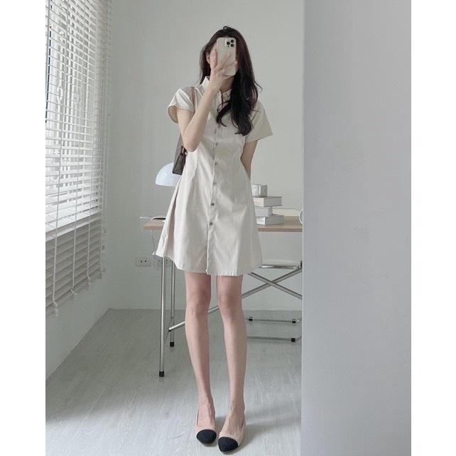 VÁY ĐẦM KAKI CỔ ĐỨC THÔ CHUN EO CÚC GỖ SIÊU XINH HÀNG ĐẸP