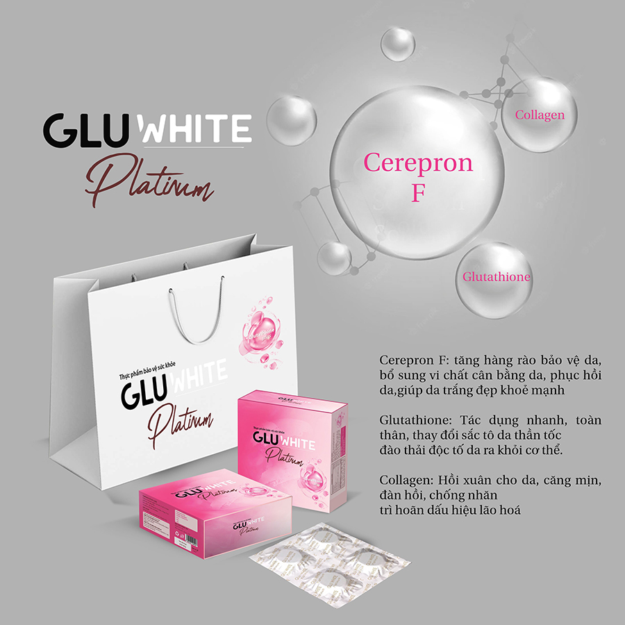Viên Sủi Trắng Da Gluwhite Platium, Bảo Vệ Và Tăng Độ Đàn Hồi Cho Da, Giúp Da Trắng Hồng Rạng Rỡ