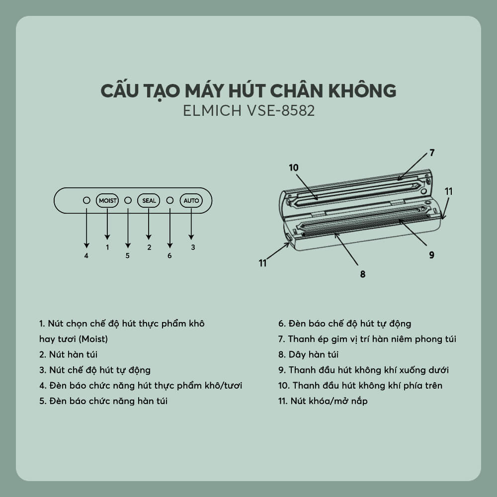 Máy hút chân không gia đình Elmich VSE-8582, thiết kế nhỏ, gọn nhẹ, thuận tiện cất vào tủ bếp và di chuyển, thao tác đơn giản và có hút hộp riêng  - Hàng chính hãng