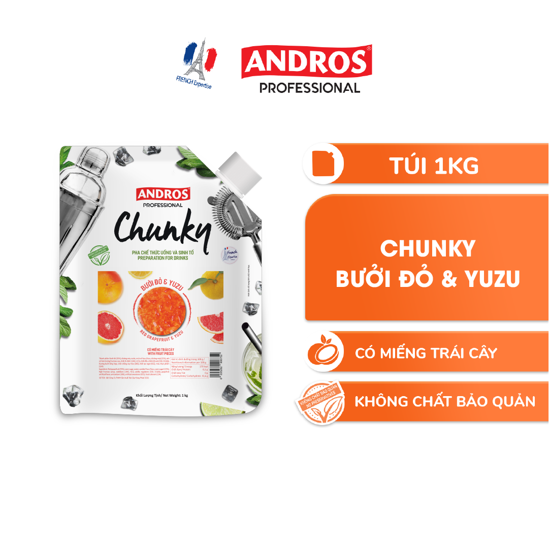 ANDROS - CHUNKY Bưởi đỏ &amp; Yuzu - Nguyên liệu pha chế - Mứt trái cây - Túi 1kg