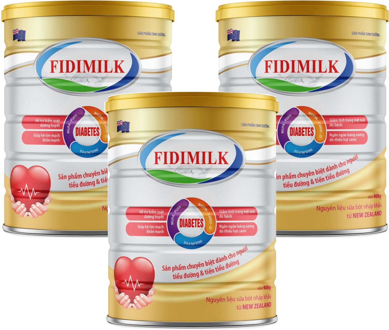 Combo 3 lon Sữa bột FIDIMILK DIABETES lon 900g - Dinh dưỡng dành cho người tiểu đường và tiền tiểu đường.