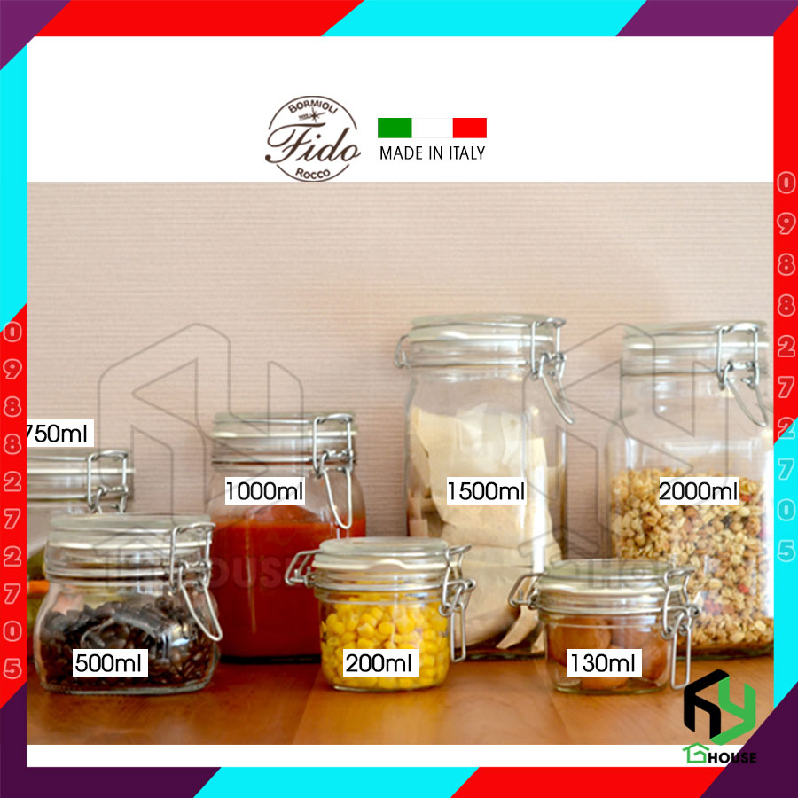 ITALY-Hũ thủy tinh nắp cài FIDO - Bormioli Rocco - 2000ml - Siêu kín hơi - Glass jar with airtight lid