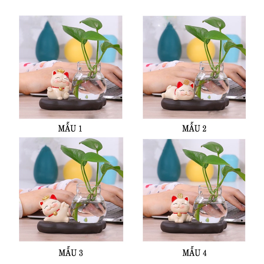 Mèo Thần Tài May Mắn Để Bàn Kèm Chậu Thủy Tinh Trồng Cây, Nuôi Cá