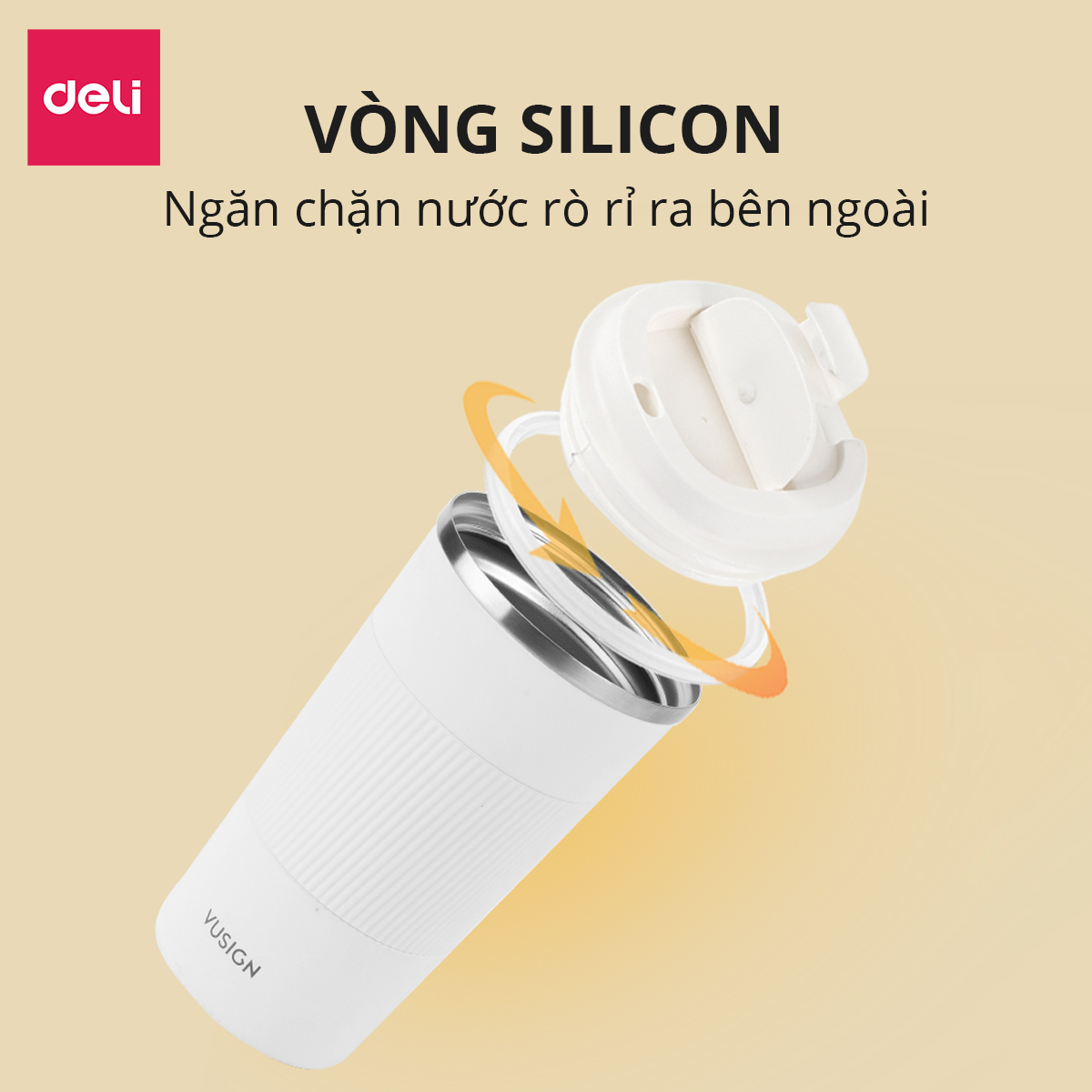 Cốc Giữ Nhiệt Nóng Lạnh Vusign Inox 304 Dung Tích 510ml Cao Cấp Viền Cao Su Cách Nhiệt Deli - Phù Hợp Cà Phê Trà Nước Ép Sinh Tố Đá Du Lịch Đi Học Tập Gym