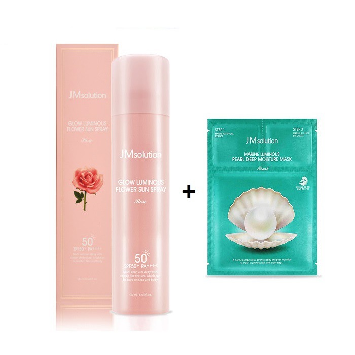 Xịt Chống Nắng Chiết Xuất Hoa Hồng Jm Solution Glow Luminous Flower Sun Spray SPF 50+/PA +++ 180ml + Tặng 01 Mặt Nạ Ngọc Trai 3in1 JMSolution 30ml