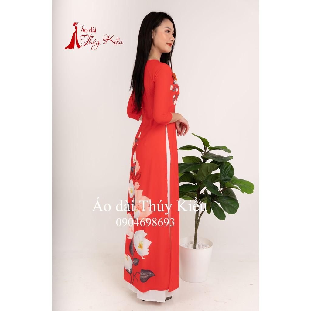 Áo dài may sẵn thiết kế nữ truyền thống đẹp cách tân tết màu đỏ cam K34 Thúy Kiều mềm mại, co giãn