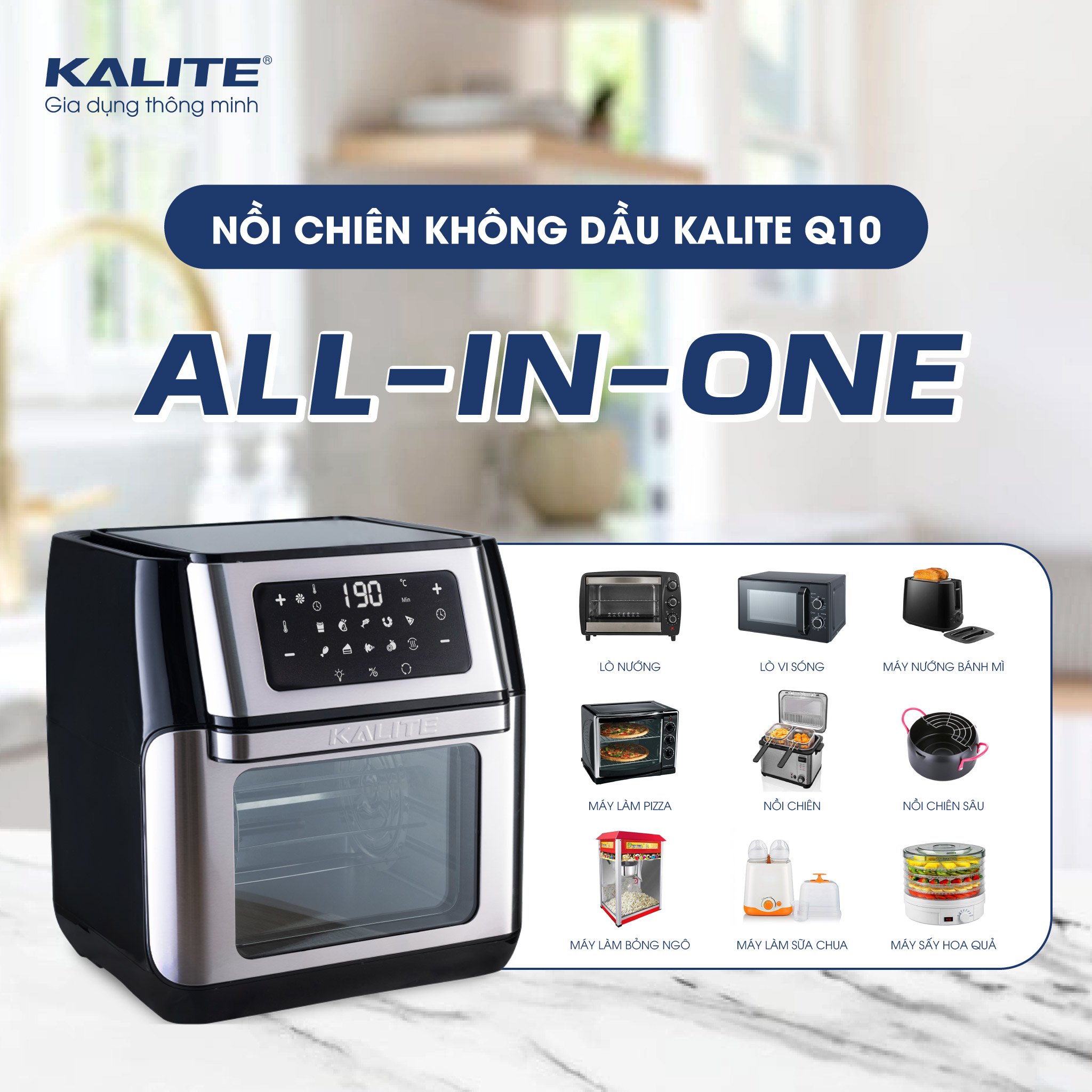 Nồi Chiên Không Dầu KALITE Q10 Gồm 8 Chương Trình Tự Động Dung Tích 10 Lít Công Suất 1800 W - Hàng Chính Hãng