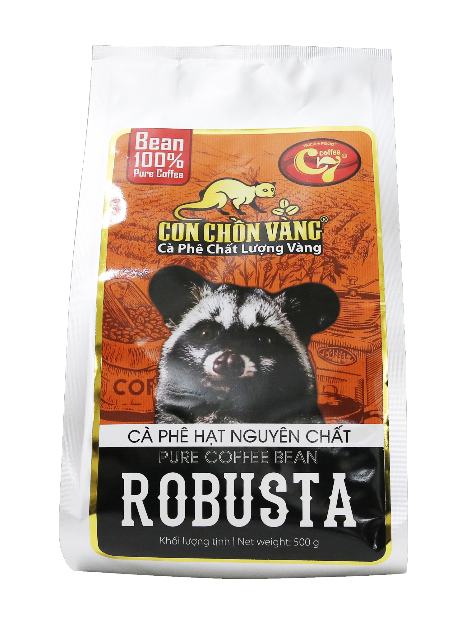 Cà Phê Hạt Robusta Rang Mộc 100% Nguyên Chất Con Chồn Vàng - Túi 500Gr