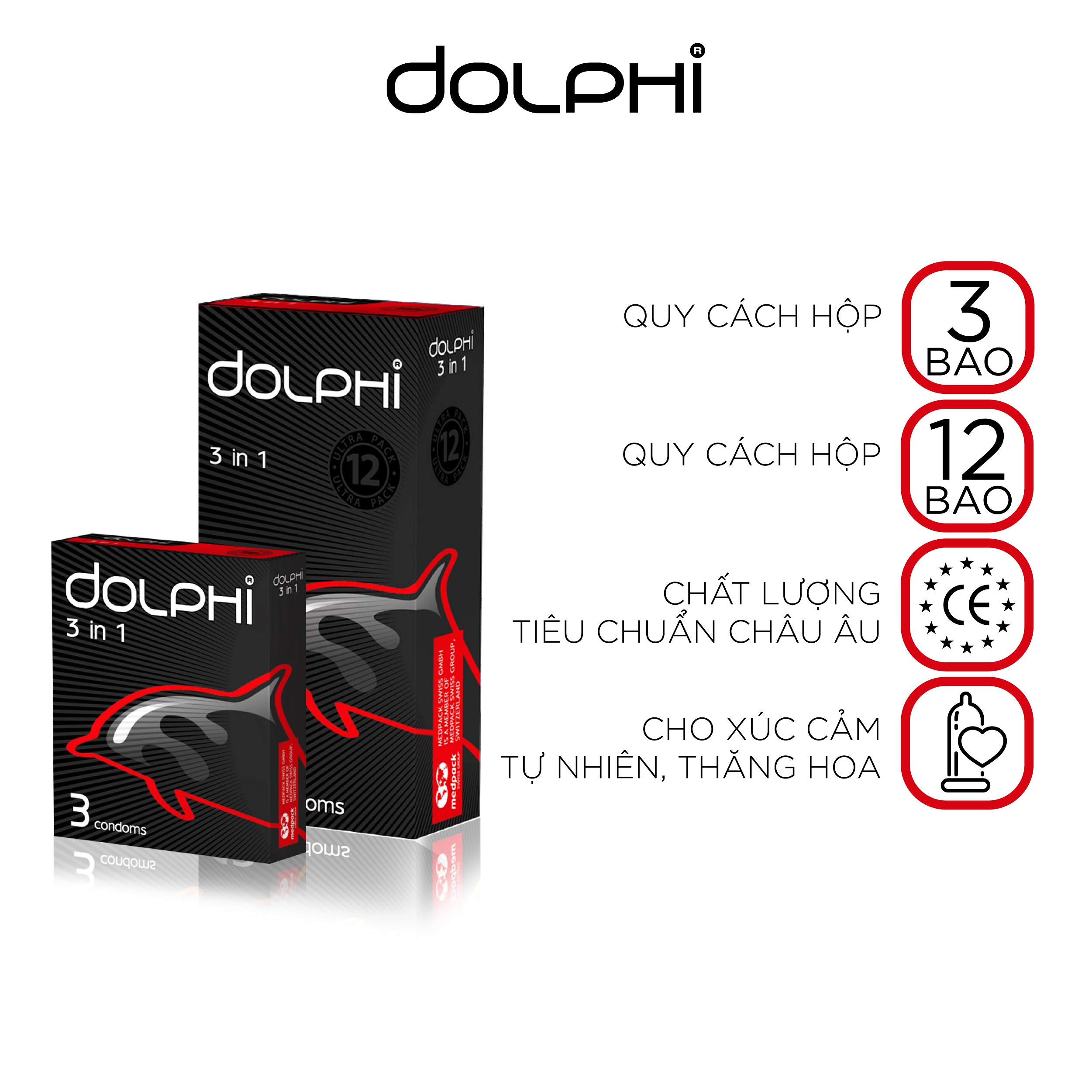 Bộ 2 Bao Cao Su Siêu Mỏng Tự Nhiên Dolphi 3 In 1 (Hộp 3 Bao và Hộp 12 Bao)