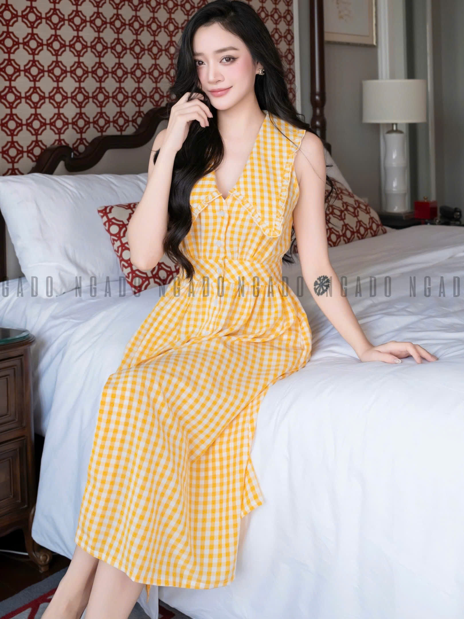 Đầm caro vàng sát nách NGADO , đầm kẻ caro , đầm sơ mi