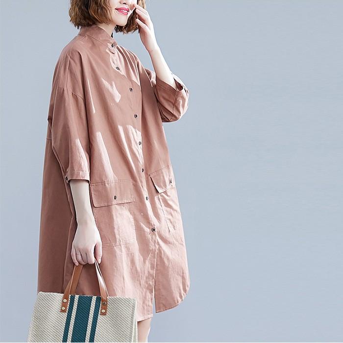 Đầm suông sơ mi form rộng chất thô 2 túi, thời trang trẻ phong cách Hàn