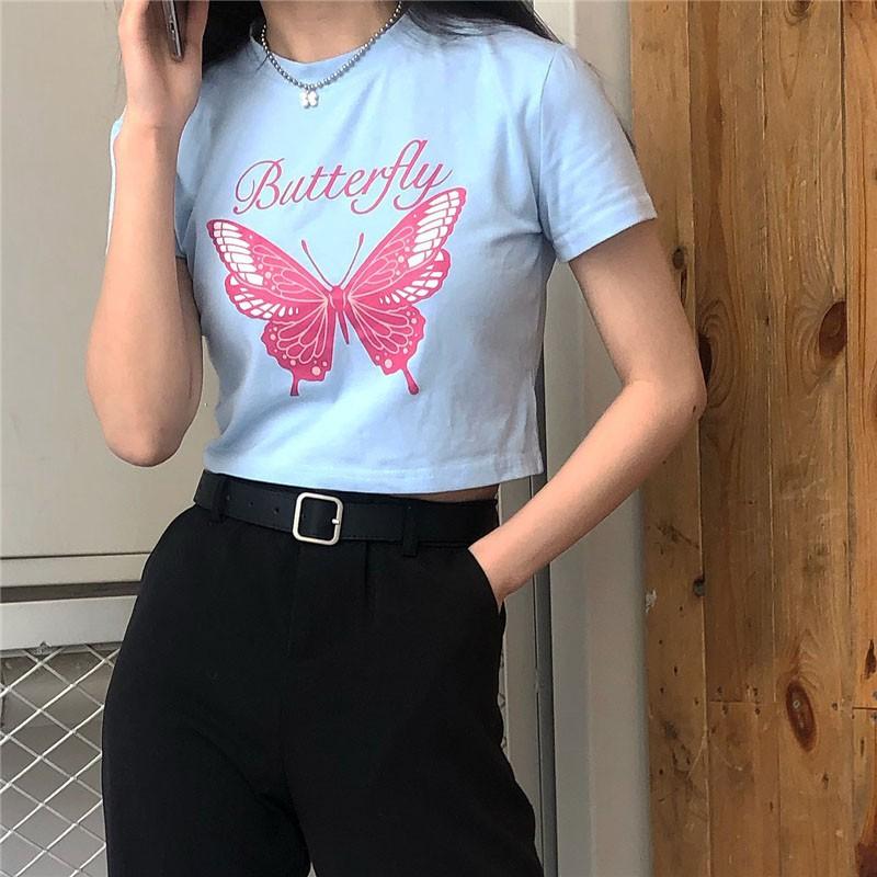 Áo thun ngắn tay cổ tròn in hình bướm xinh xắn cho nữ