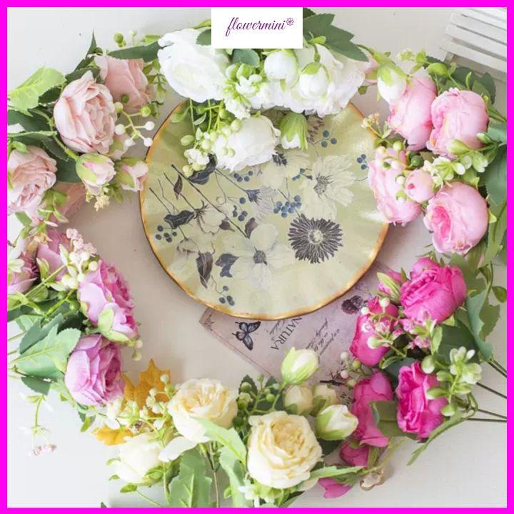Bó hoa hồng Juliet lụa cao cấp 5 bông 4 nụ kèm quả điểm trang trí phòng khách, cửa hàng siêu đẹp Flowermini HH-504