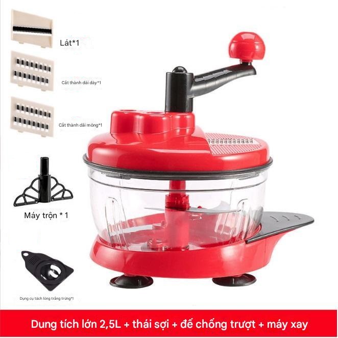 Máy cắt thái rau củ, xay thịt bằng tay K1885 đa chức năng cối lớn 2,5L, lưỡi dao inox 5 cánh, 3 tốc độ, thái sợi, thái lát, trộn, máy trộn bột - Hàng nhập khẩu