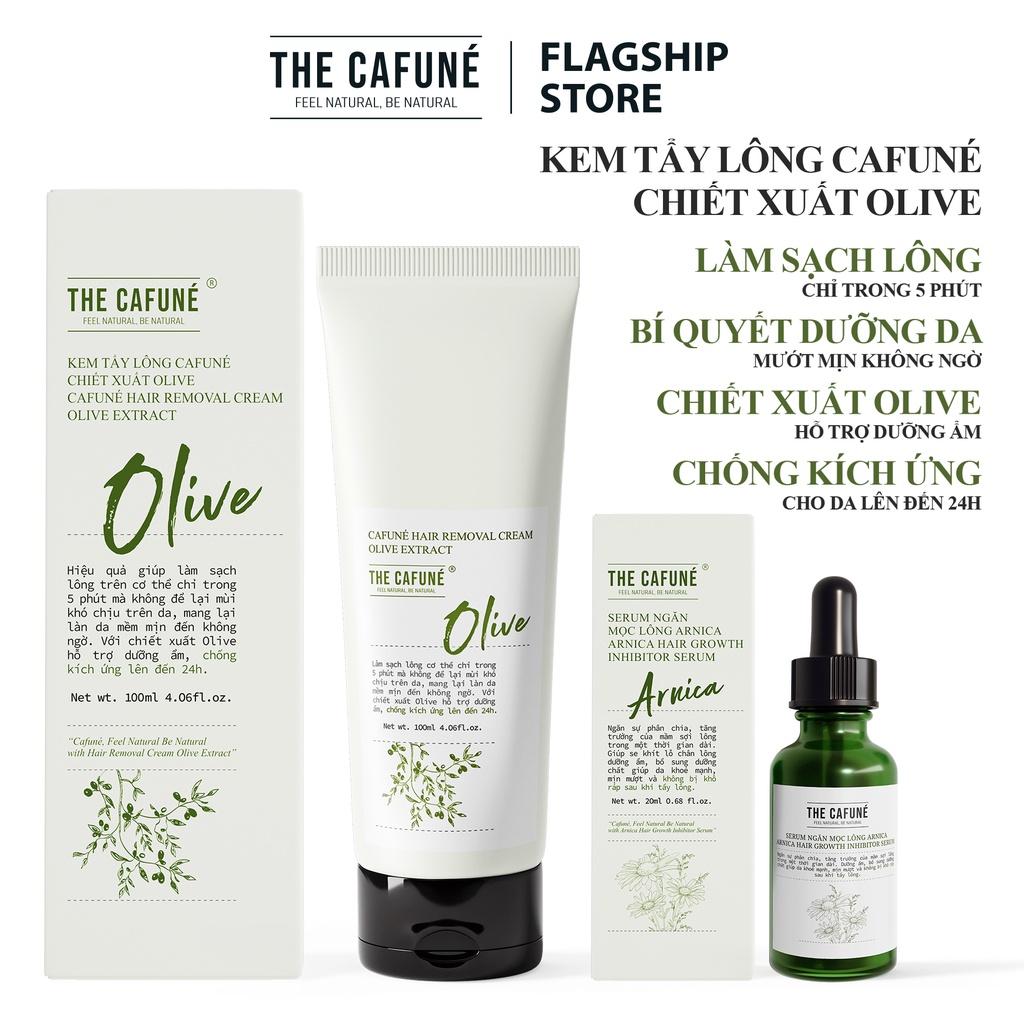 Combo Kem Tẩy Lông Olive và Serum Ức Chế Mọc Lông Arnica Cafuné triệt lông cho bikini, chân, tay, nách 100ml