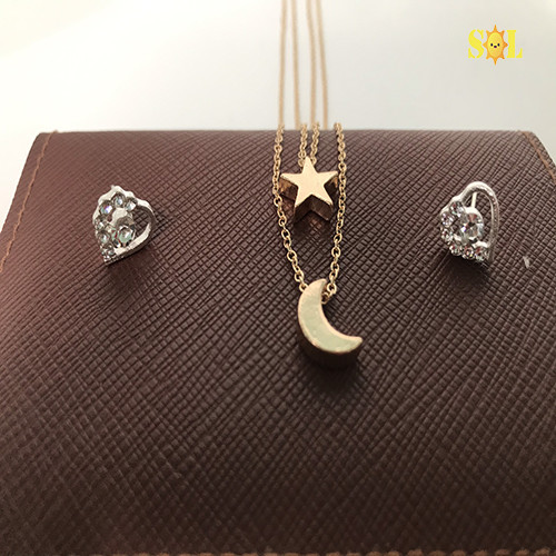 Dây chuyền 2 lớp mặt trăng ngôi sao vàng + bông tai trái tim tình yêu tan vỡ