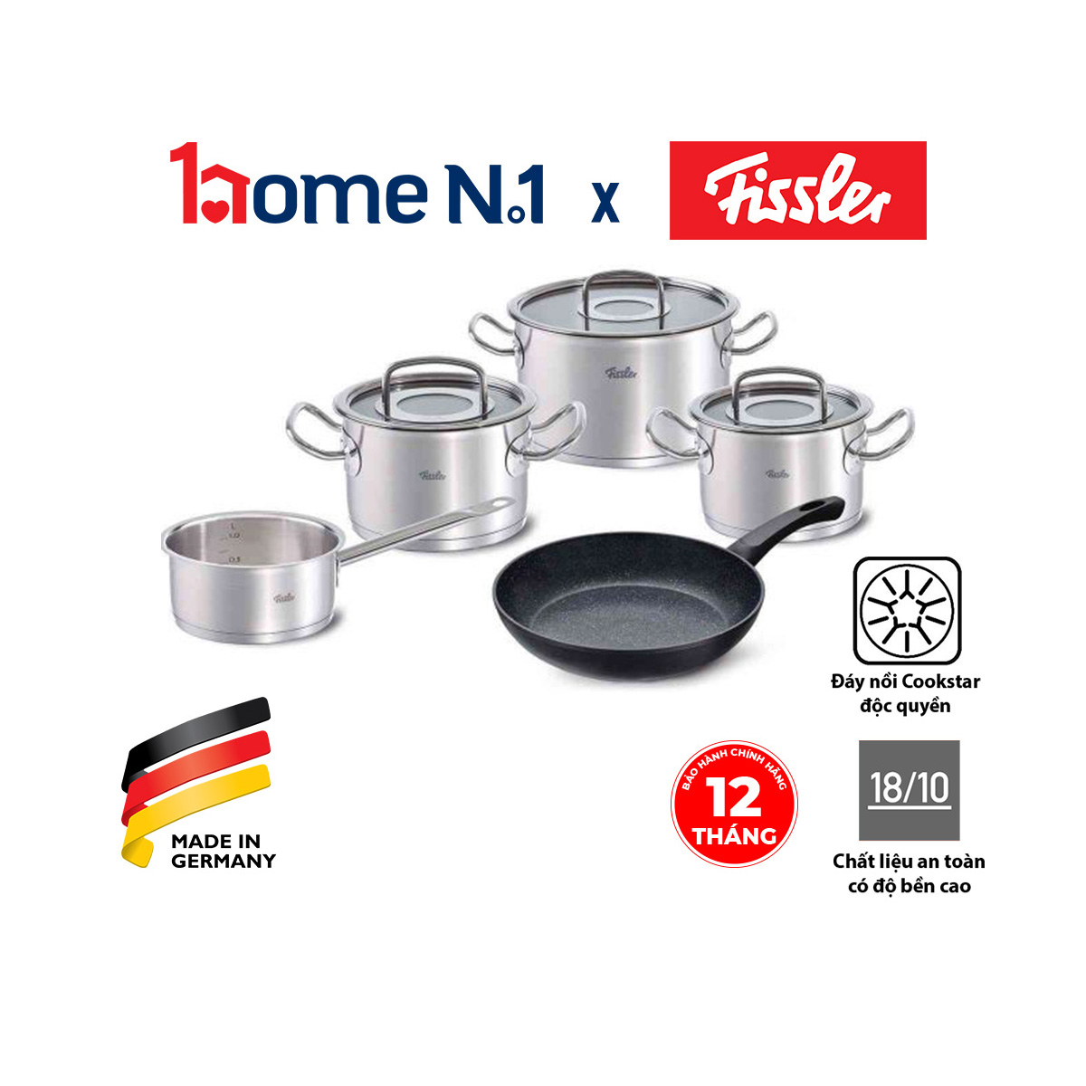 Bộ nồi 4 nồi cao cấp Fissler Original Pro thép không gỉ (inox) và 1 chảo chống dính Stardust, nhập khẩu từ Đức