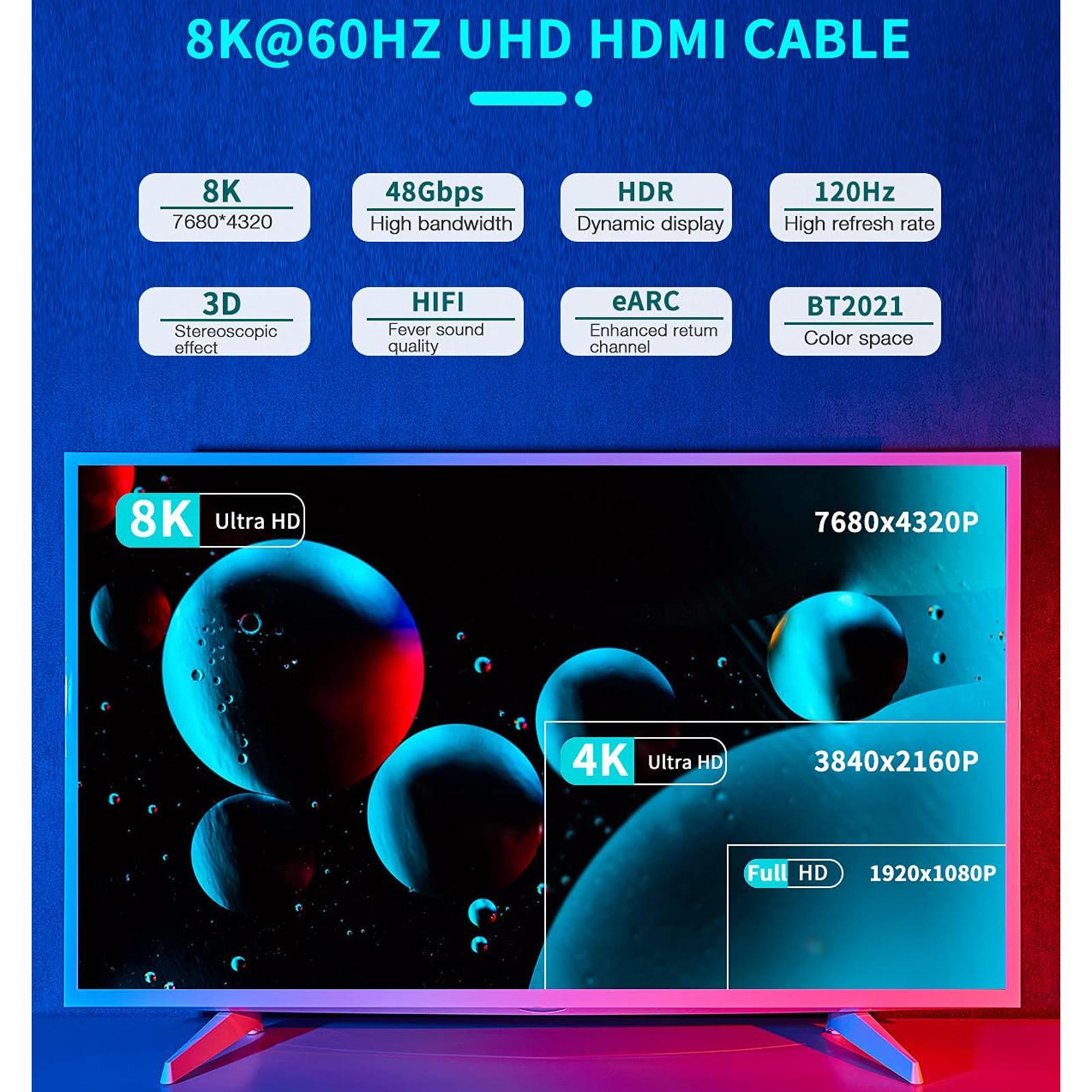 8K HDMI Cable 2.1, 48Gbps Audio Video HD Cable for UHD TV Laptop Game Consoles Projector
