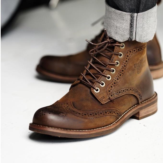 Giày boot nam da sáp cao cổ màu nâu WINGTIP RW ZIP, giày da thật cổ điển khoá kéo TONKIN