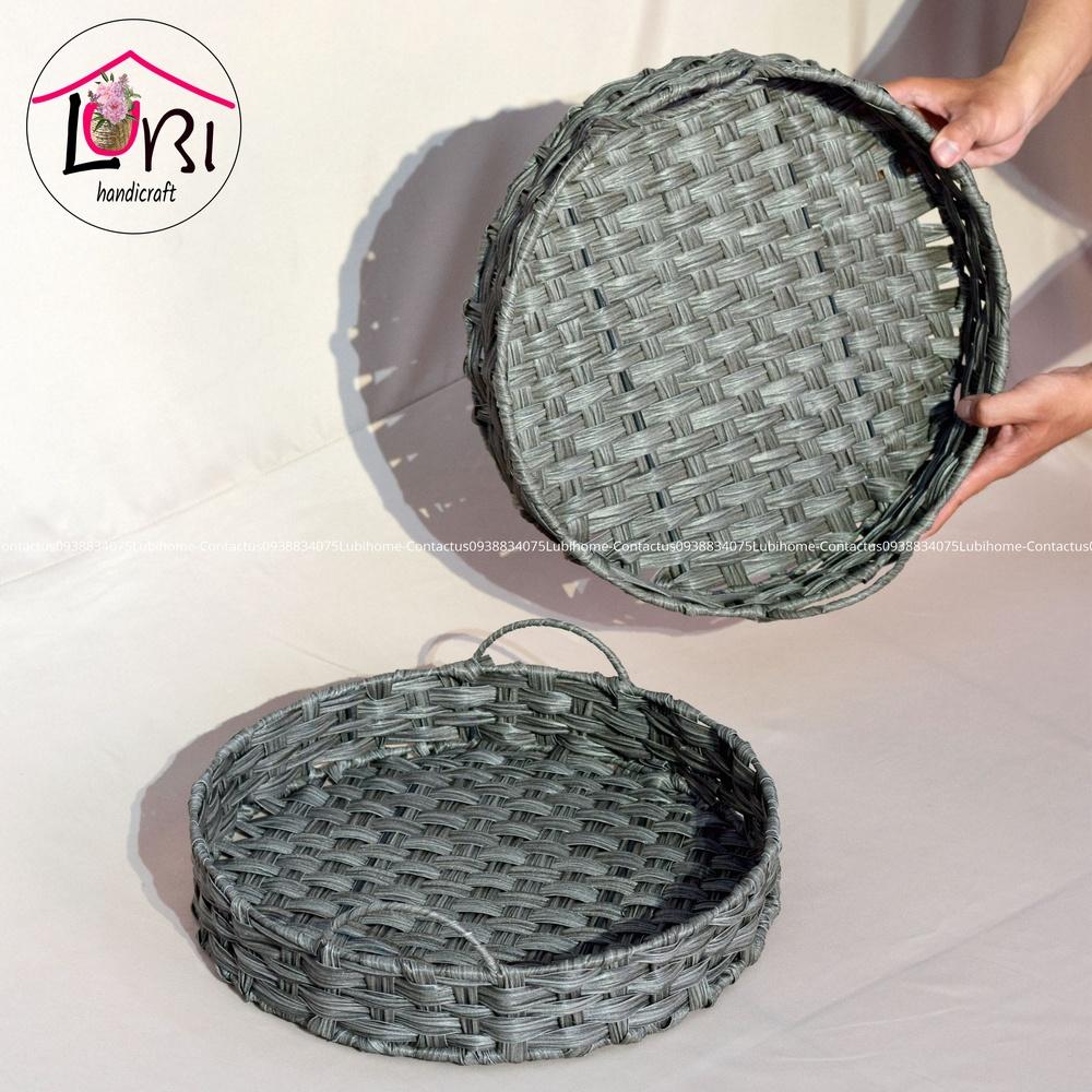 Lubihandicraft - Khay tròn đựng đồ đan dây nhựa xám quai cầm bán nguyệt - xinh xắn