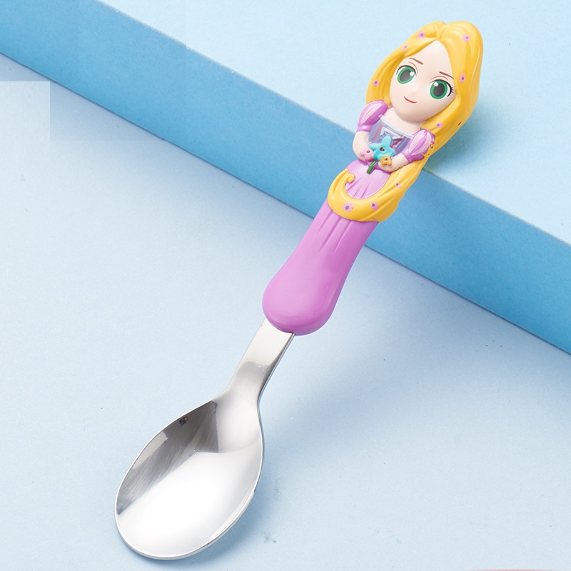 Set 3 món muỗng, đũa tập ăn inox 3D kèm hộp đựng hình công chúa Princess Rapunzel màu hồng cho trẻ em bé gái  - 118VNDP2194