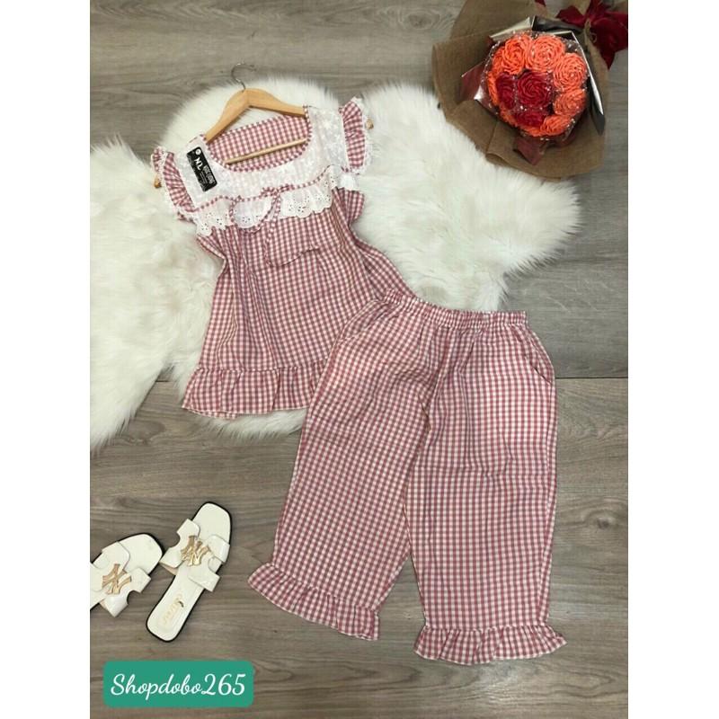 Đồ bộ nữ,đồ ngủ,đồ bộ mặc nhà lửng vải kate mịn phối ren siêu cute size 45-57kg.